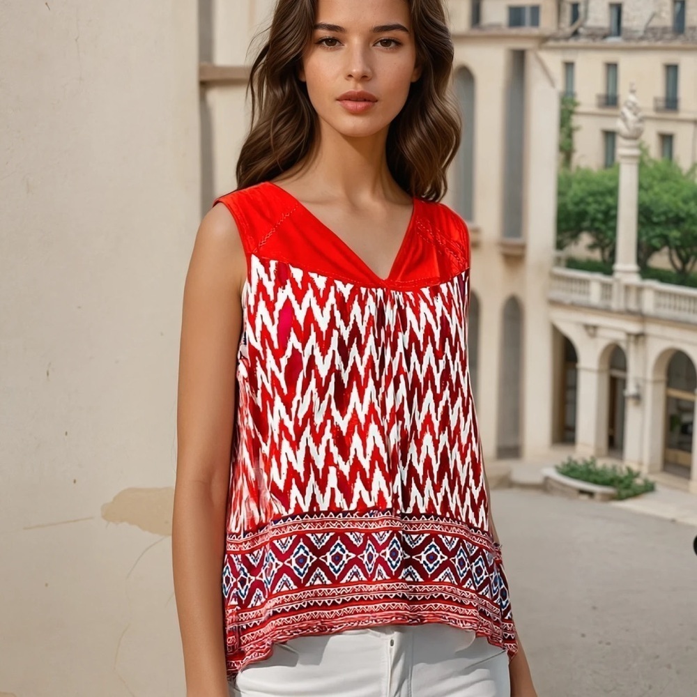 Elaine Rose red embroidered chevron print top 1x